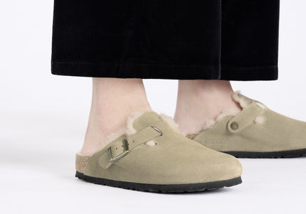 BIRKENSTOCK BOSTON SHEARLING WOMEN CLOGS Taupe Narrow